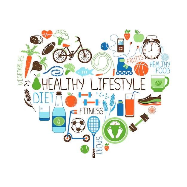 Free Vector | Healthy lifestyle  diet and fitness vector sign in the shape of a heart with multiple icons depicting various sports vegetables cereals seafood  meat  fruit  sleep  weight and beverages