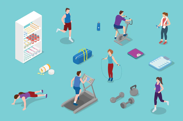 Free Vector | Healthy lifestyle people with some sport activity and tools with modern isometric style