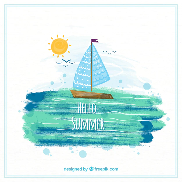 Free Vector | Hello summer background with sailboat in watercolor style