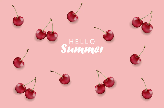 Free Vector | Hello summer banner with cherry fruits and rose background