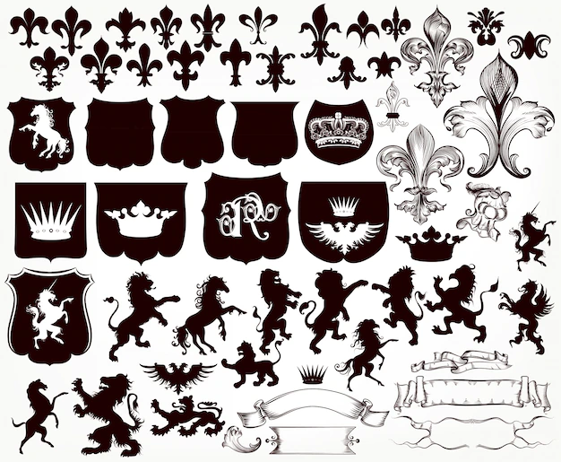 Free Vector | Heraldic collection of shields, silhouettes of lions, griffins and fleur de lis