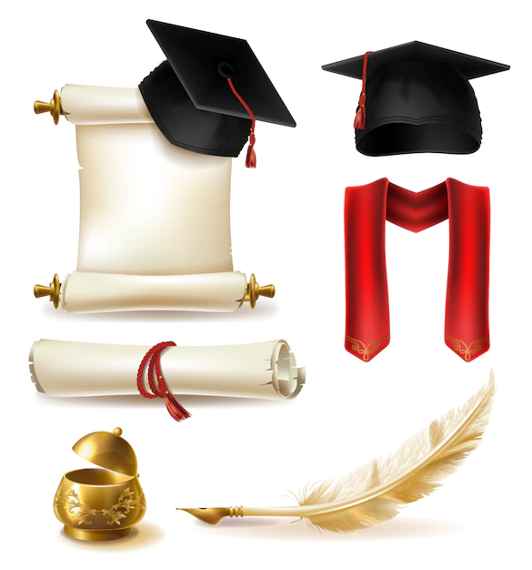 Free Vector | High education graduation symbols realistic vector set with mortarboard cap and scarf