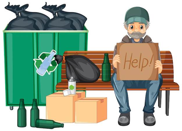 Free Vector | Homeless man holding help sign and sitting near garbage