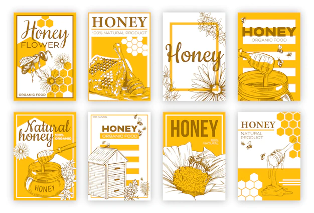 Free Vector | Honey sketch flat poster set