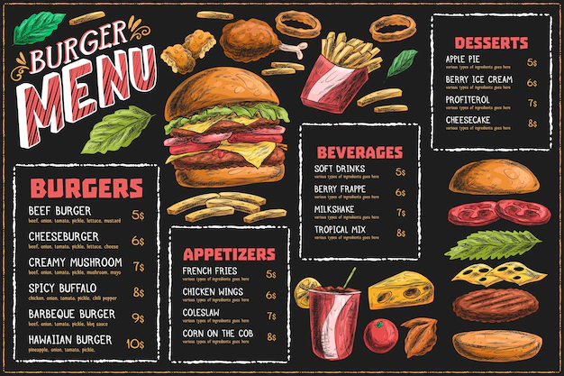 Free Vector | Horizontal menu template with burger and fries