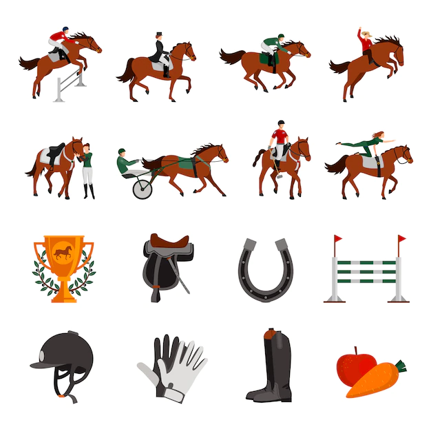 Free Vector | Horse rising sport flat color icons with rider on horseback jockey in carriage horseshoe fence prize