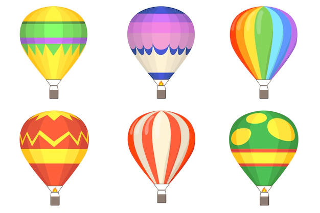 Free Vector | Hot air balloons flat illustration set. cartoon colorful balloons with baskets isolated  vector illustration collection. flight, sky and summer concept