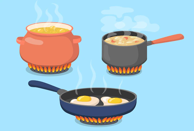 Free Vector | Hot pot, saucepan and pan on gas stove flat set