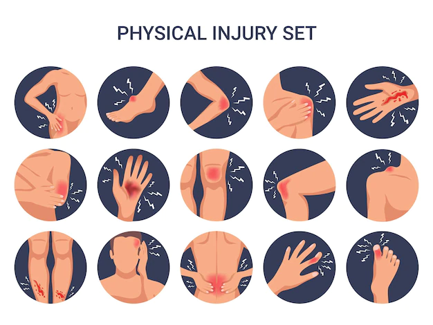 Free Vector | Human body physical injury round flat set with shoulder knee finger burn cut wounds isolated