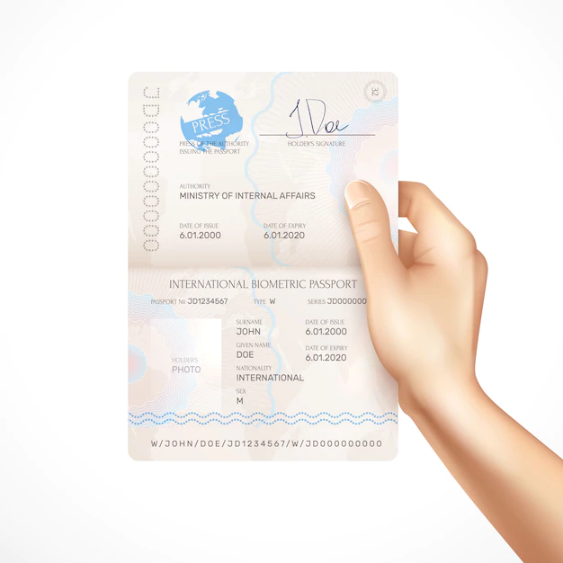 Free Vector | Human hand holding mockup of international biometric passport with issue and expiry dates holders signature and name of authority issuing passport realistic