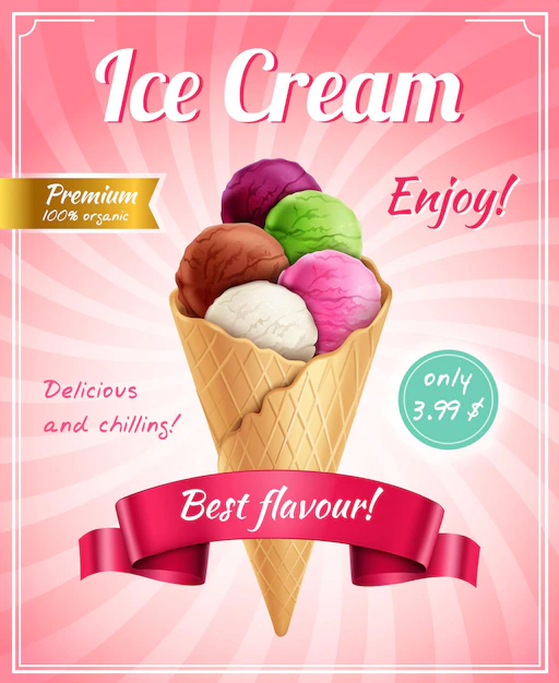 Free Vector | Ice cream poster advertising composition with frame editable text captions and realistic image of icecream cornet