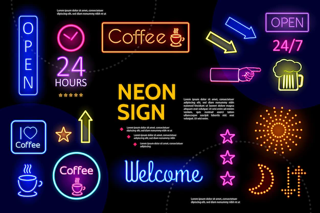Free Vector | Illuminated advertising neon signs composition