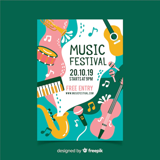 Free Vector | Instruments and waves music festival poster