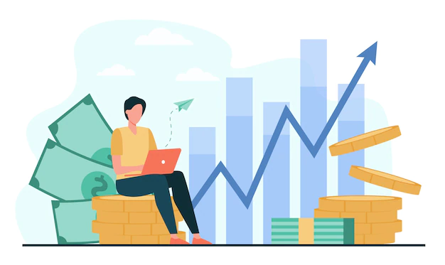 Free Vector | Investor with laptop monitoring growth of dividends. trader sitting on stack of money, investing capital, analyzing profit graphs. vector illustration for finance, stock trading, investment