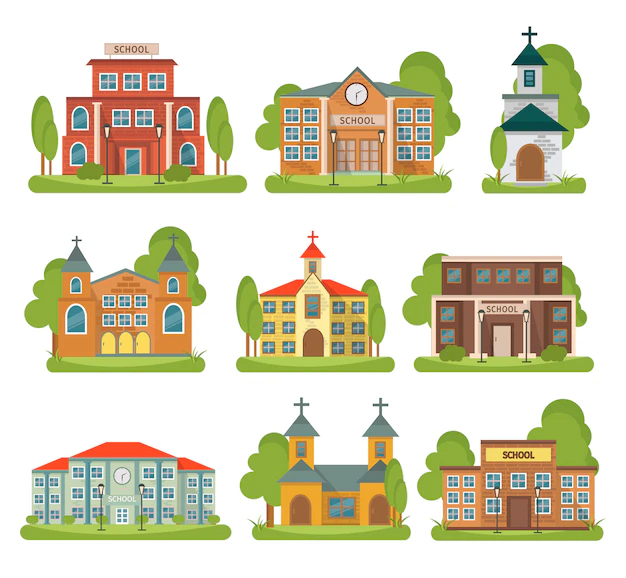 Free Vector | Isolated and colored building school church set with different types and purposes for buildings