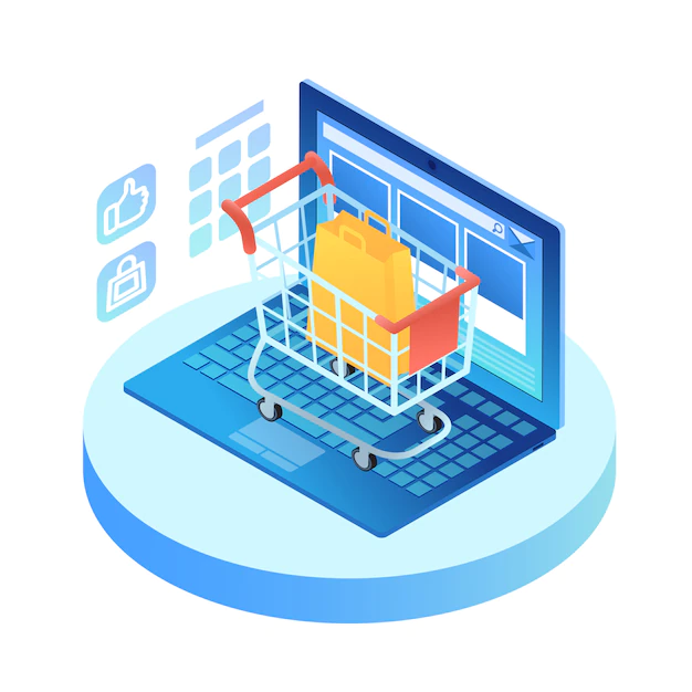 Free Vector | Isometric laptop with shopping cart on keypad