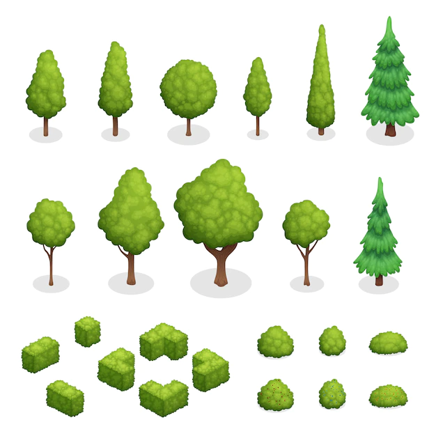 Free Vector | Isometric set of park plants with green trees and bushes of various shapes isolated vector illustration