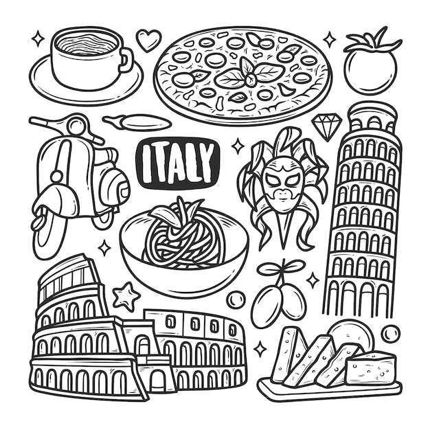 Free Vector | Italy icons hand drawn doodle coloring