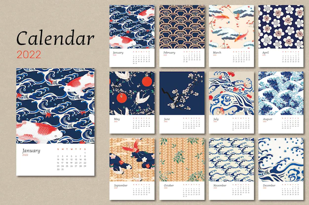 Free Vector | Japanese 2022 monthly calendar template, vintage pattern vector set. remix from vintage artwork by watanabe seitei.