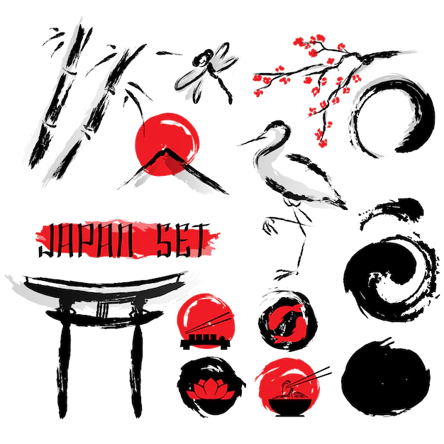 Free Vector | Japanese sumie ink painting icons set