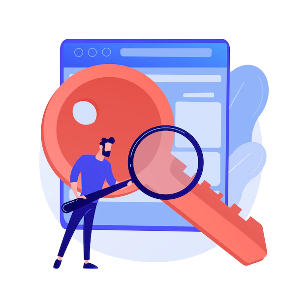 Free Vector | Keywords searching. seo, content marketing isolated flat design element. business solution, strategy, planning. man holding magnifier and key concept illustration