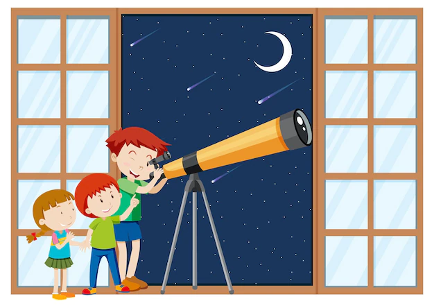 Free Vector | Kids observe night sky with telescope