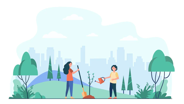 Free Vector | Kids planting tree in city park. children with gardening tools working with green plants outdoors.
