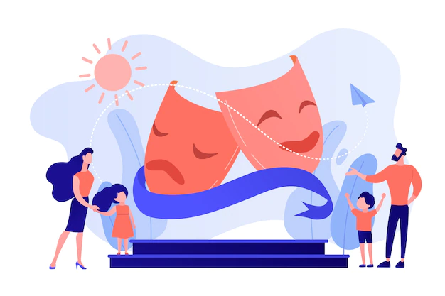 Free Vector | Kids with tutors enjoy acting on theater stage outside, tiny people. theater camp, summer acting program, young actor courses concept. pinkish coral bluevector isolated illustration