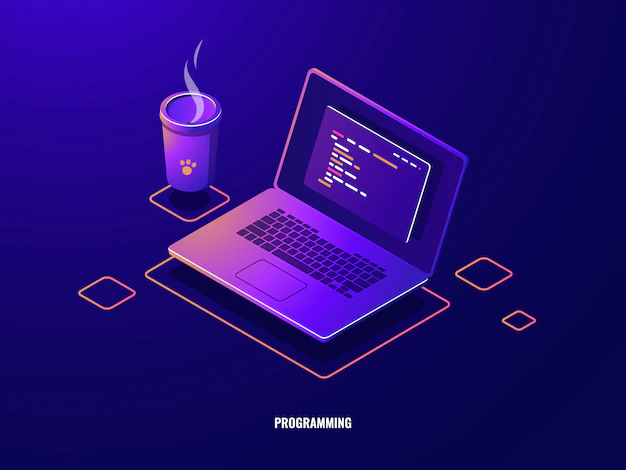 Free Vector | Laptop with program code isometric icon, software development and programming applications dark neon
