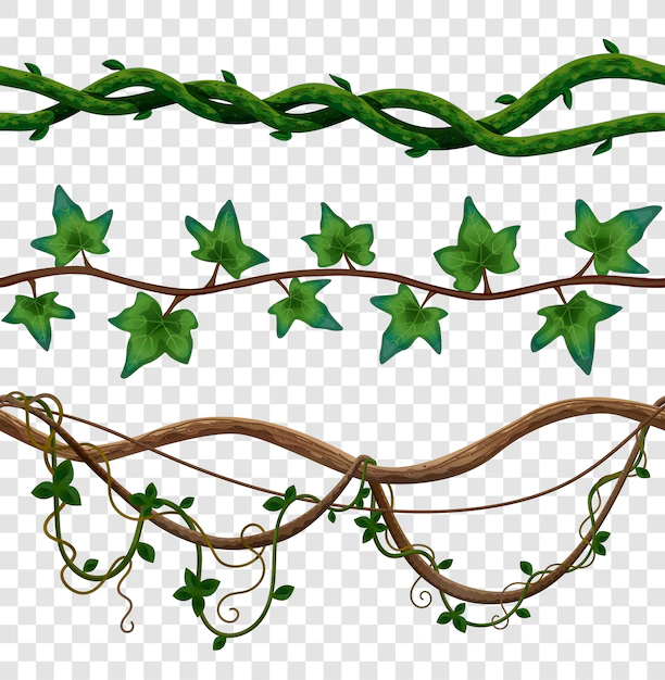 Free Vector | Liana seamless border set of vine leaves on wooden stalks on transparent