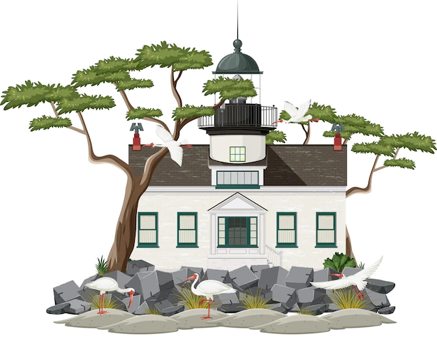 Free Vector | Lighthouse building with american white ibis