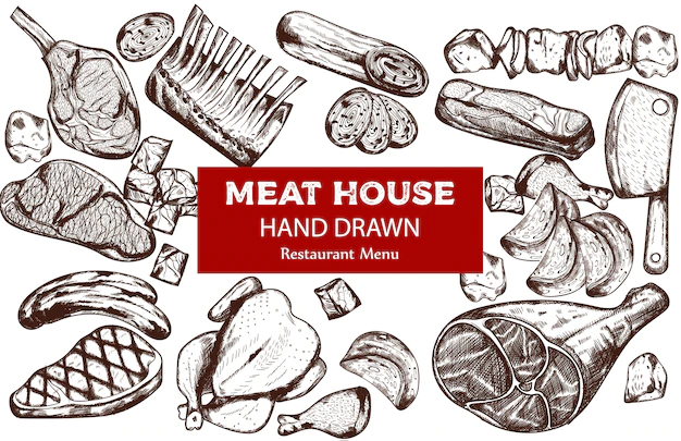 Free Vector | Line art meat set with sausage, steak, pork ribs and butcher knife