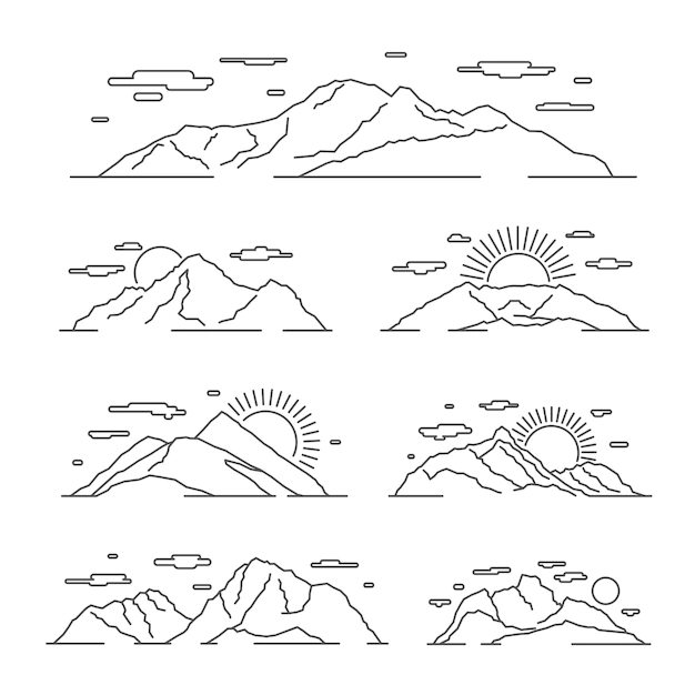 Free Vector | Linear mountains  illustration. line mountain alps landscape set. linear landscape with mountain rock