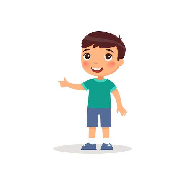 Free Vector | Little boy pointing with index finger flat vector illustration.