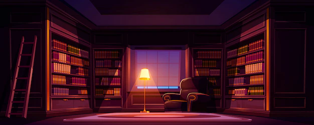 Free Vector | Luxury old library interior at night, dark empty room for reading with books on wooden shelves