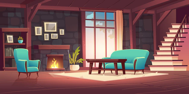 Free Vector | Luxury old living room interior with burning fireplace on stone wall