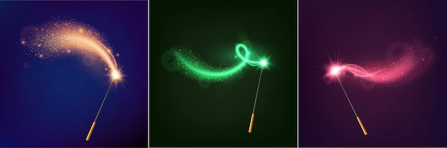 Free Vector | Magic wand realistic design concept consisting of three multicolored luminous wands on night sky illustrations