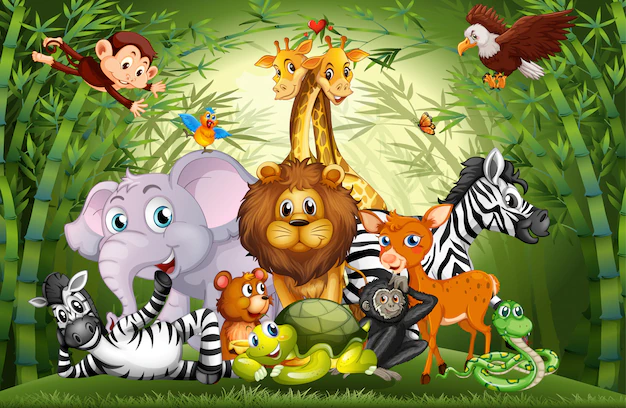 Free Vector | Many cute animals in bamboo forest
