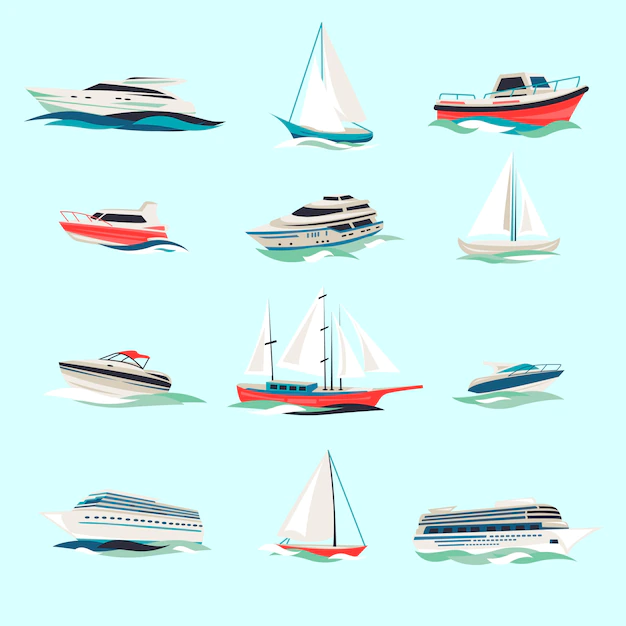 Free Vector | Marine boats cruise sea travel yacht motor vessels flat icons set with jet cutter abstract isolated vector illustration