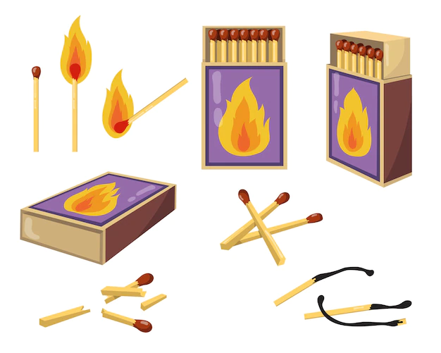 Free Vector | Matches and matchboxes flat illustration set. cartoon burnt matchsticks with fire and opened boxes for wood matches isolated vector illustration collection. heat and design concept