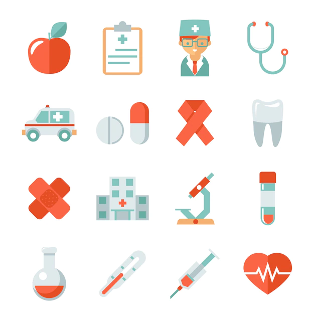 Free Vector | Medicine and health care icons. hospital and doctor, apple and tooth, flask and plaster, heartbeat and microscope, vector illustration