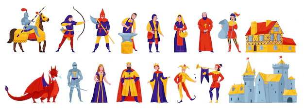 Free Vector | Medieval kingdom characters 2 flat horizontal sets with rider king queen  knight castle fortress dragon vector illustration