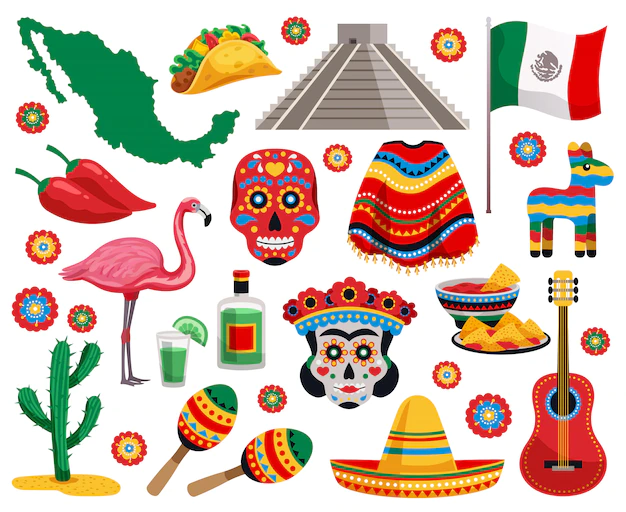 Free Vector | Mexican national symbols culture food musical instruments souvenirs colorful objects collection with tequila tacos mask sombrero