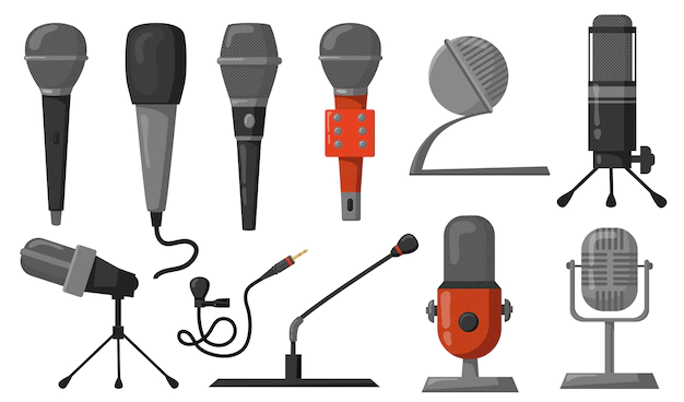 Free Vector | Microphones flat illustrations set. studio equipment for podcast or music recording or broadcasting. vector illustration for audio technology, communication, performance concept