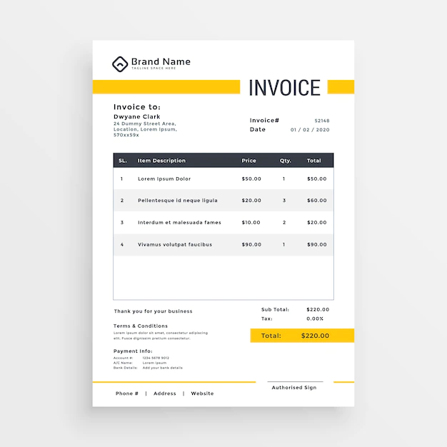 Free Vector | Minimal yellow invoice template vector design