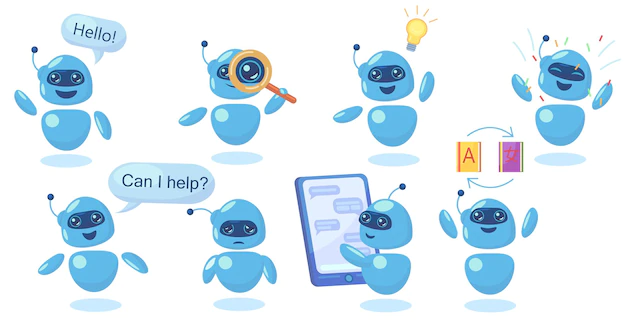 Free Vector | Modern cute chatbot in different poses flat set
