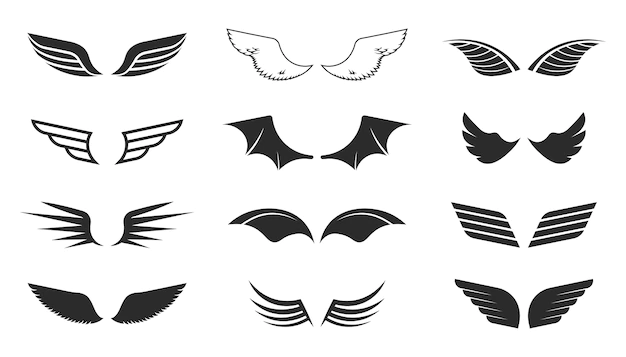 Free Vector | Monochrome wings set. flying symbols, black shapes, pilot insignia, aviation patch. vector illustrations collection isolated on white background