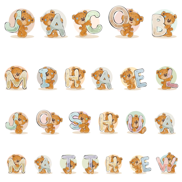 Free Vector | Names for boys jacob, mihael, joshua, matthew made decorative letters with teddy bears