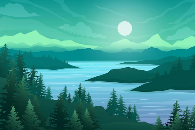 Free Vector | Nature scene with river and hills, forest and mountain, landscape flat cartoon style illustration