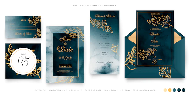 Free Vector | Navy and gold wedding stationery template